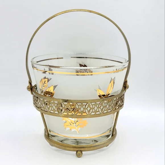 Libbey Starlight Golden Foliage Ice Bucket Metal Carrier Mid-Century Modern Vtg - Picture 16 of 16